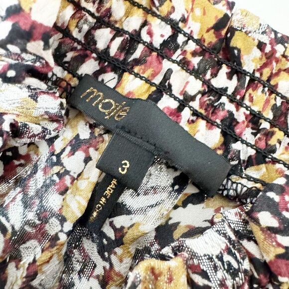 MAJE Cold-Shoulder Printed Metallic Fil Coupé Top Long Sleeve Ruffle Blouse Sz 3 - Picture 8 of 10
